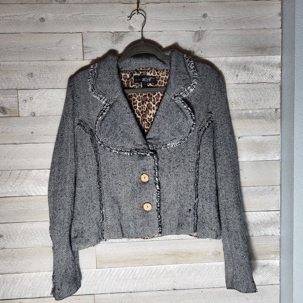 Vintage Women's BlazerJacket Cheetah Fringe Wood Buttons Earthy BOHO Hippie.